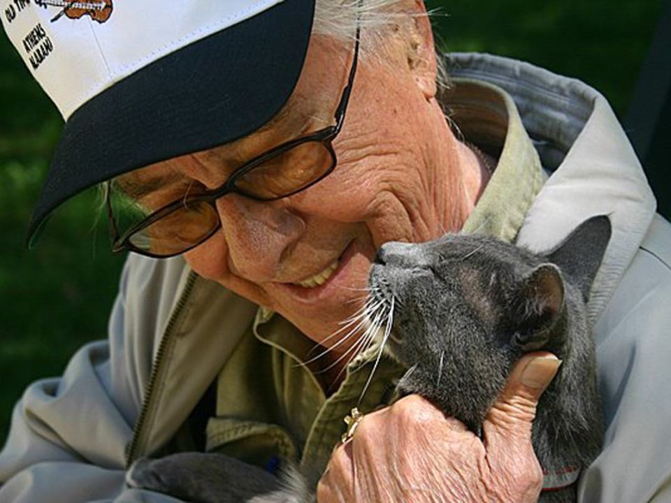 Older man bonding with cat