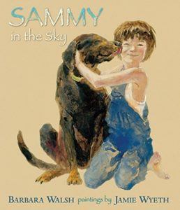 Book cover of Sammy in the Sky: a young boy in overalls petting a big dog, who is kissing the boy's face
