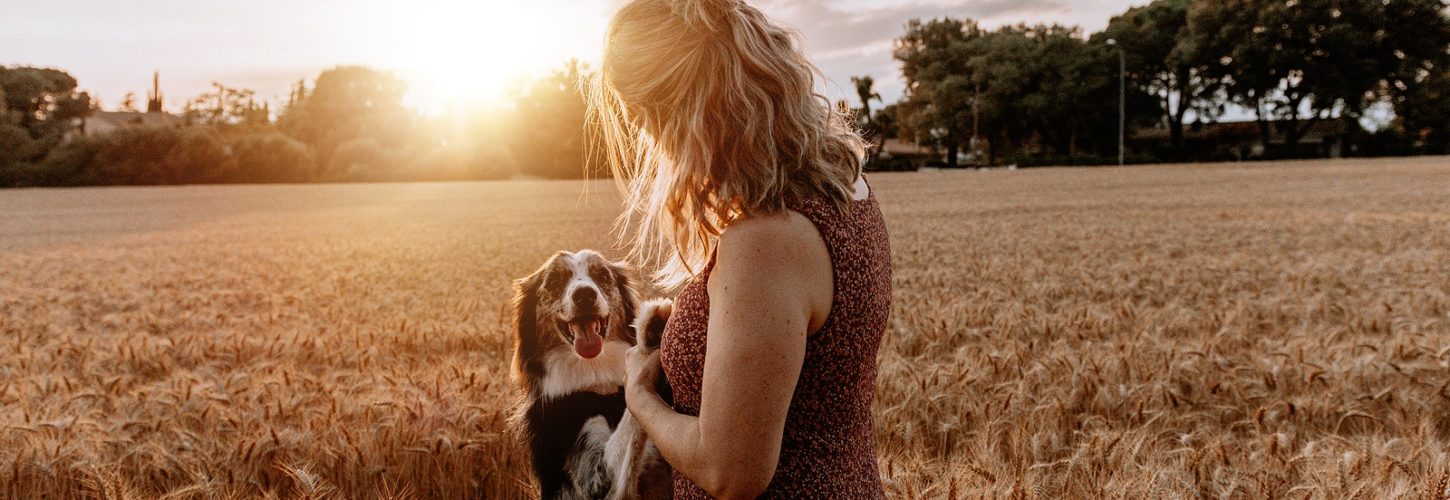 Senior woman playing with dog in a field outside