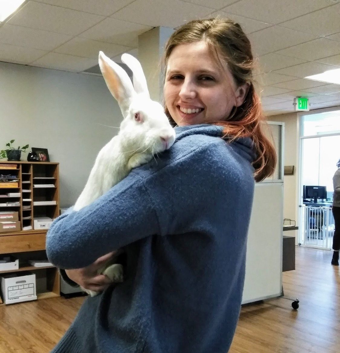Caty is a Caucasian female with brown hair and pink highlights. She is wearing a blue sweater and holding a white bunny in her arms. The background shows the RedRover office. 