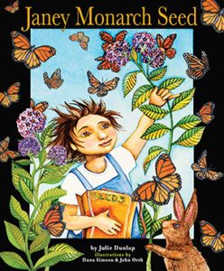 Janey Monarch Seed cover: girl in overalls in garden, looking at monarch butterflies