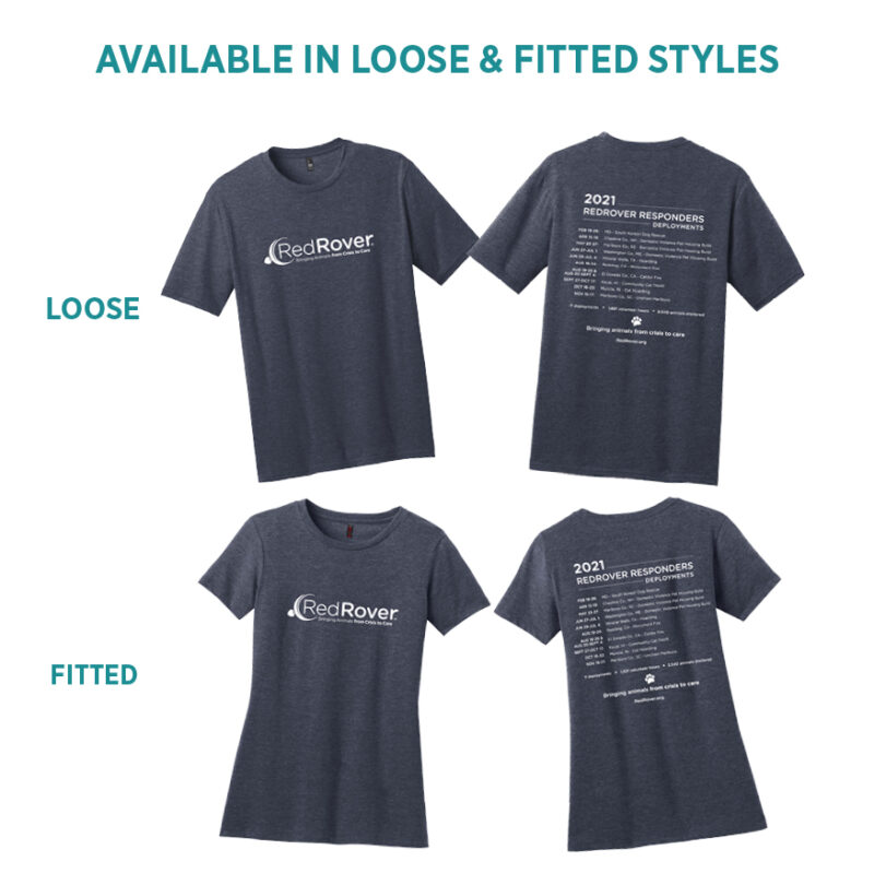 Available in Loose & Fitted Options: heather blue t-shirts with RedRover Responders 2021 deployments