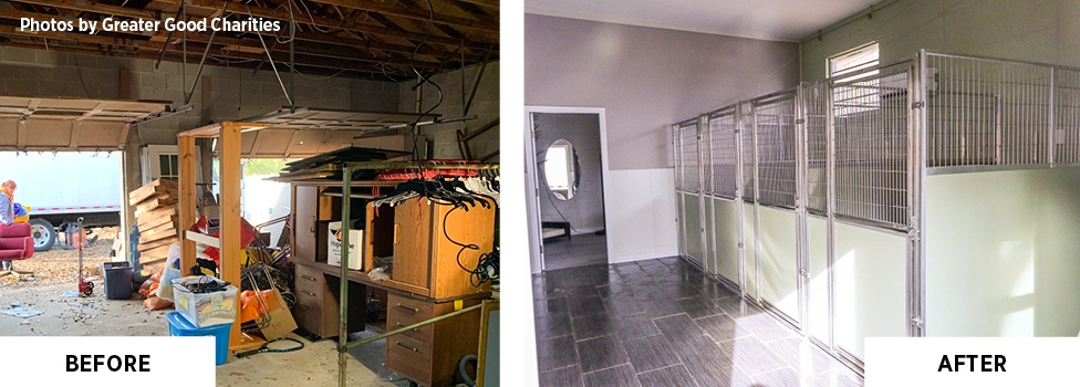 Before and after photos of a garage turned into an indoor kennel space for pets