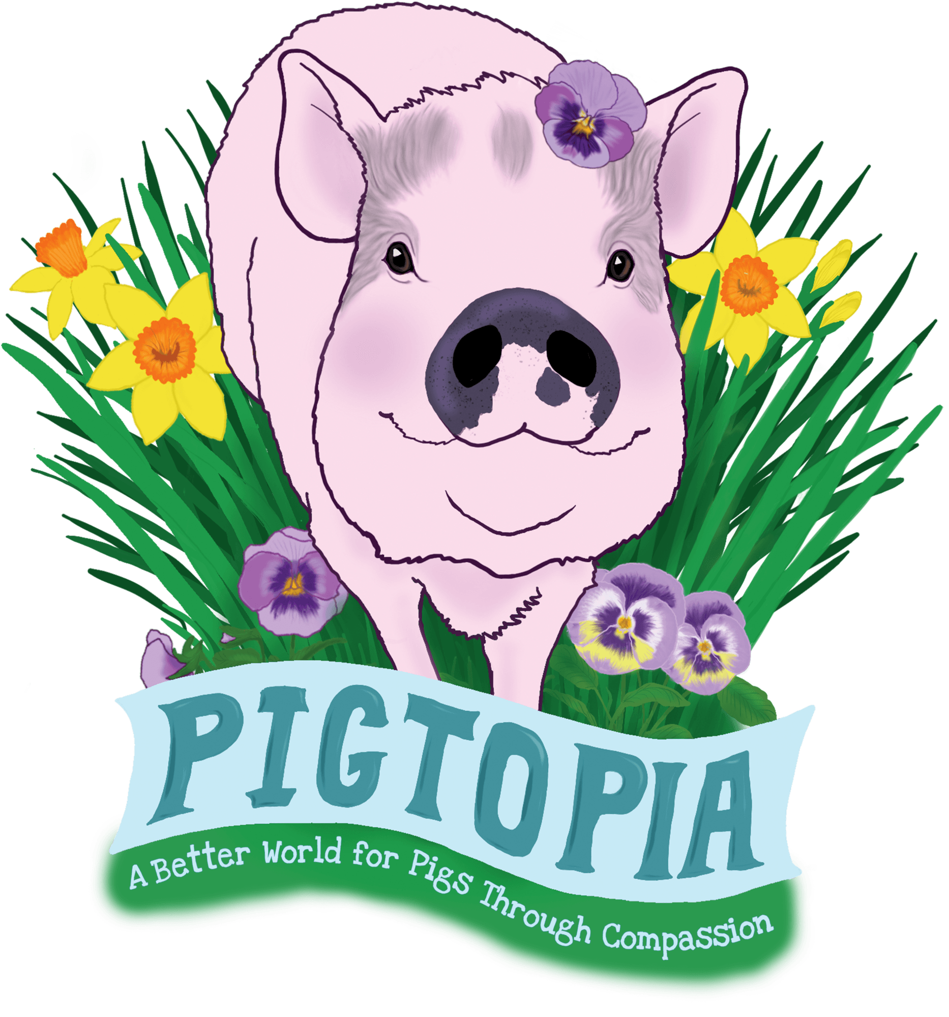 Pigtopia's illustrated logo featuring a pink pig with a spotted snout surrounded by daffodils. Text below the pig says "Pigtopia: A better world for pigs through compassion"