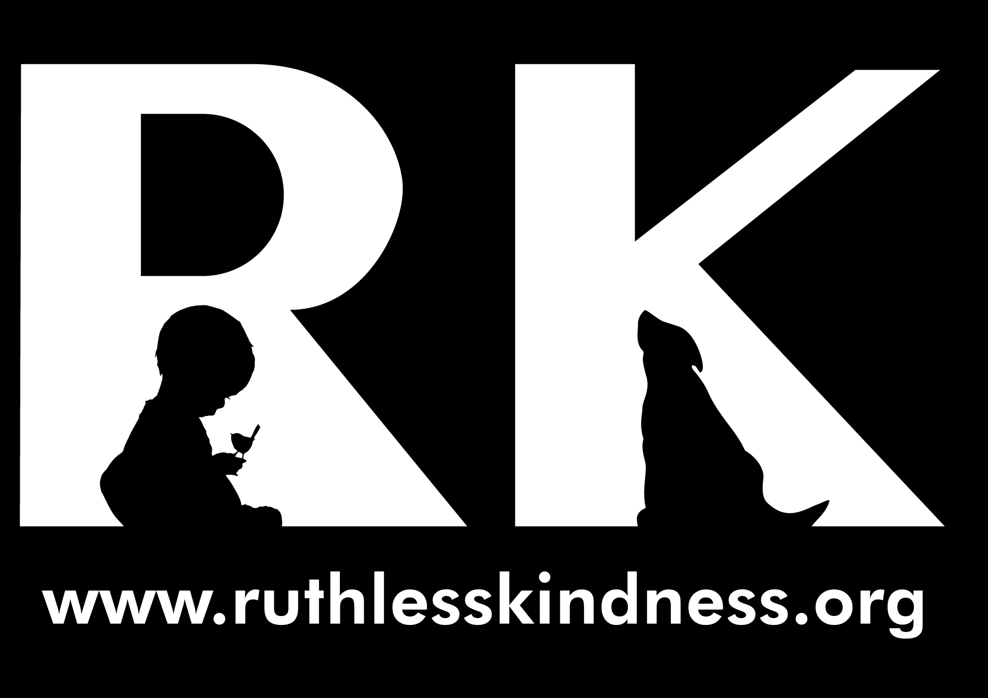 Ruthless Kindness logo features a silhouette of a child and dog on top of white R and K against a black background