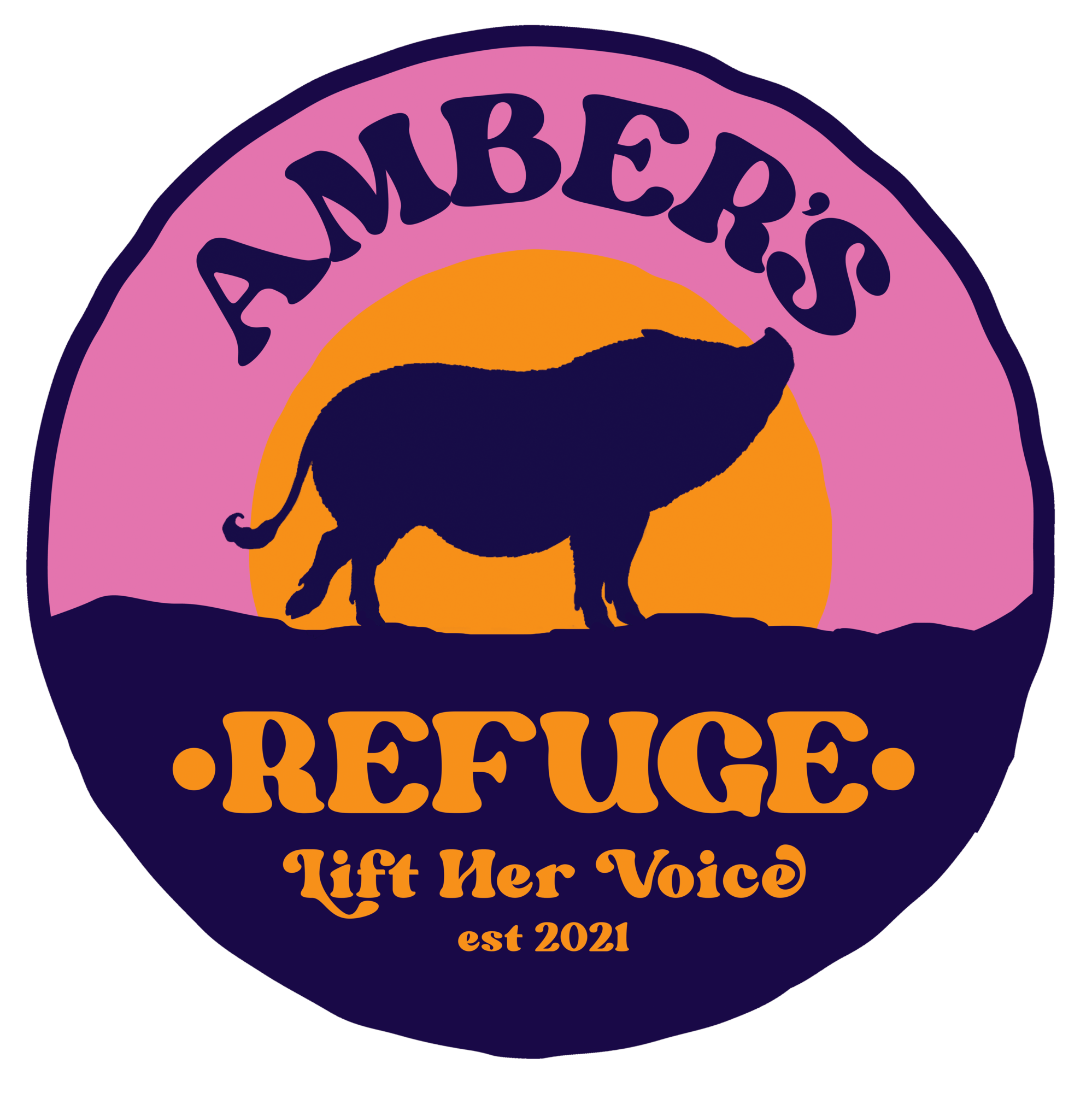 Logo for Amber's Refuge featuring a purple pig silhouette against an orange and pink background with text that reads: Lift her voice - established 2021"