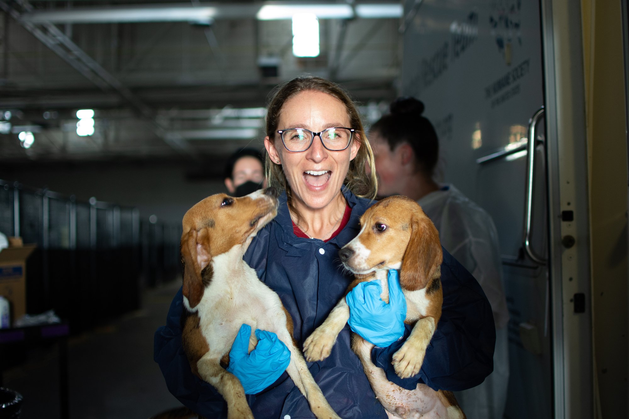 Devon smiles at the camera while holding two beagle puppies