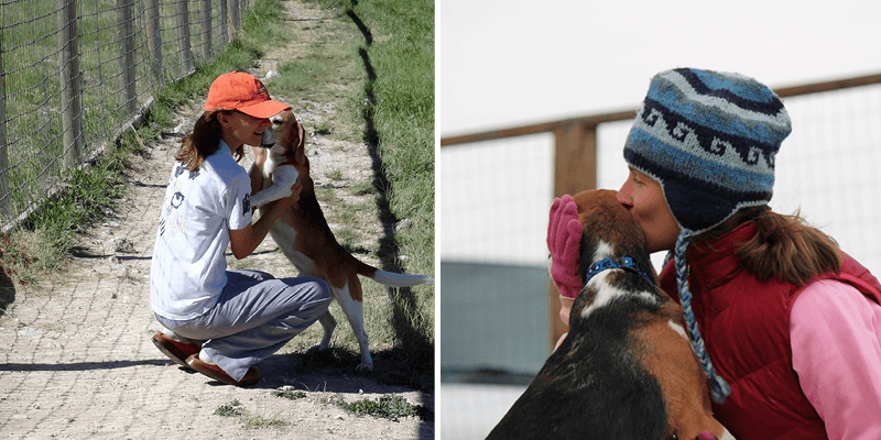 Side-by-side photos of Devon from Kindness Ranch. On left, Devon with Isaac in a grassy field. On right, Devon cradles Molson and kisses his face