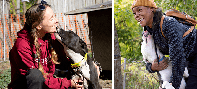 Side-by-side images: on left, RedRover's Devon with a black and white dog who licks her face. On right, a Dog Aide client hugs her excited white and gray dog who licks her face. 