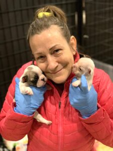 woman wearing red jacket holding two small puppies in her hands