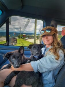 woman holding two black dogs sitting in a car