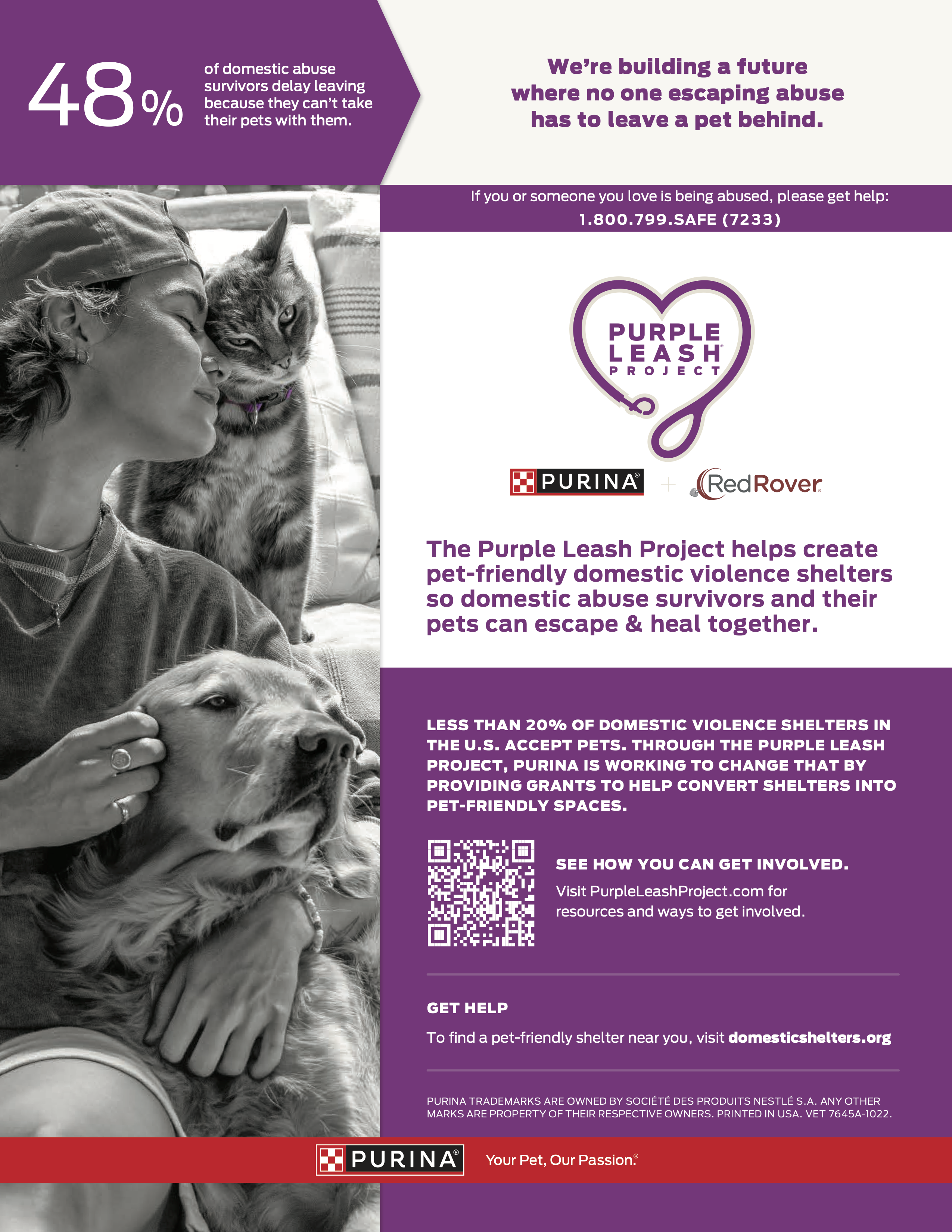 Purple Leash Project flyer outlining statistics on domestic violence survivors and pets