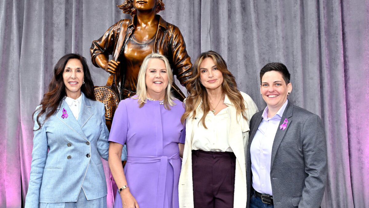 Courageous Together domestic violence advocacy statue unveiling with Kristen Visbal, Purina CEO Nina Leigh Krueger, Mariska Hargitay, and RedRover President and CEO Katie Campbell
