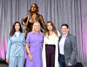 Courageous Together domestic violence advocacy statue unveiling with Kristen Visbal, Purina CEO Nina Leigh Krueger, Mariska Hargitay, and RedRover President and CEO Katie Campbell