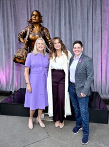 Courageous Together domestic violence advocacy statue unveiling with Purina CEO Nina Leigh Krueger, Mariska Hargitay, and RedRover President and CEO Katie Campbell