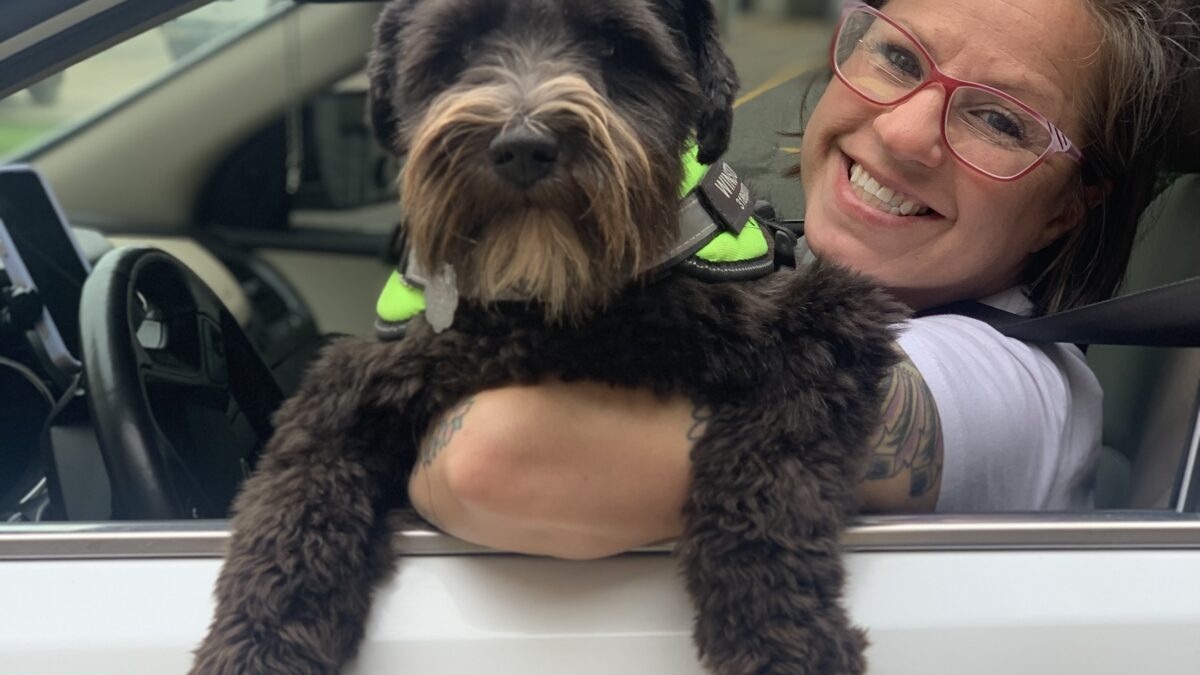 woman in car at drive-through wellness clinic holds curly black dog up