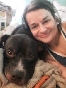 Senior dog sits on a blanket with his pet parent