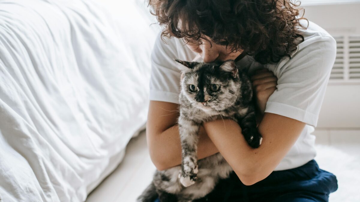 DFTP - woman holds tortoiseshell cat in bedroom