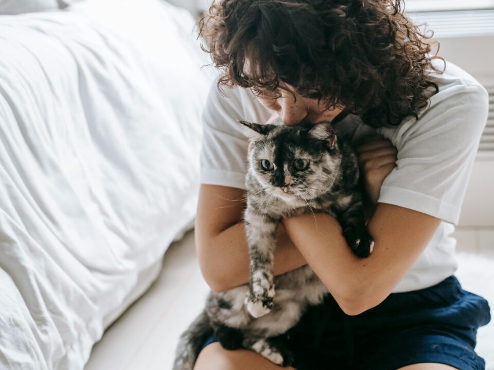 DFTP - woman holds tortoiseshell cat in bedroom