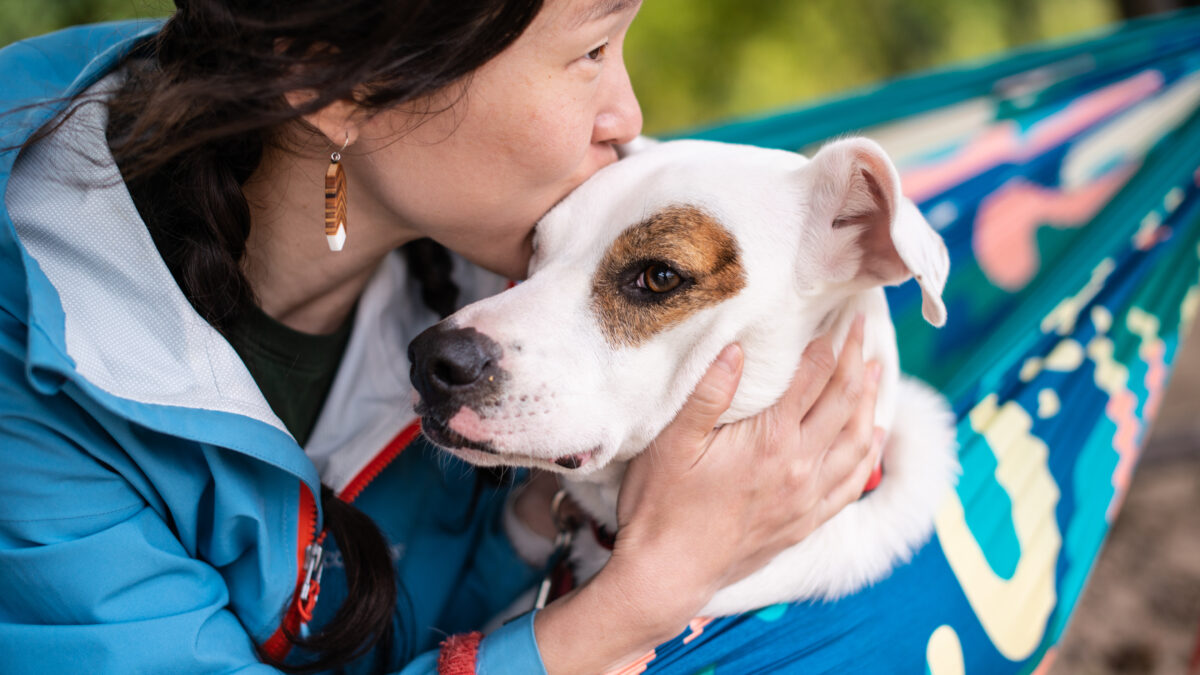 woman wearing a pearl earring kisses her terrier mix dog on the forehead wrapped in a blanket