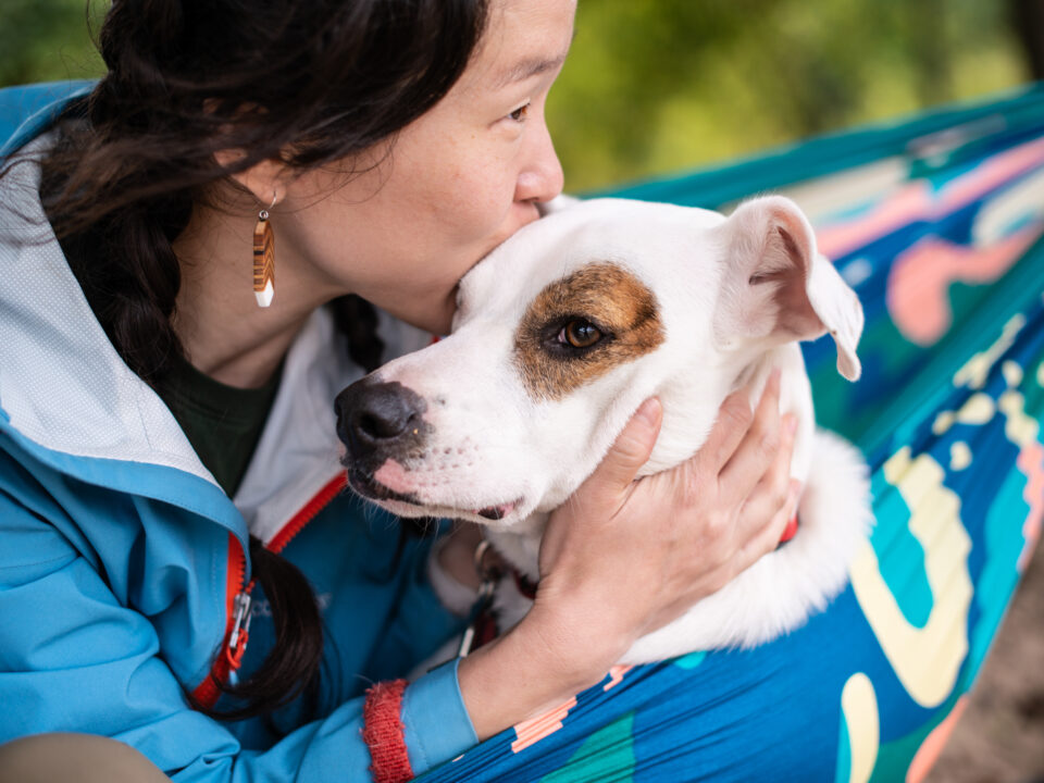 woman wearing a pearl earring kisses her terrier mix dog on the forehead wrapped in a blanket