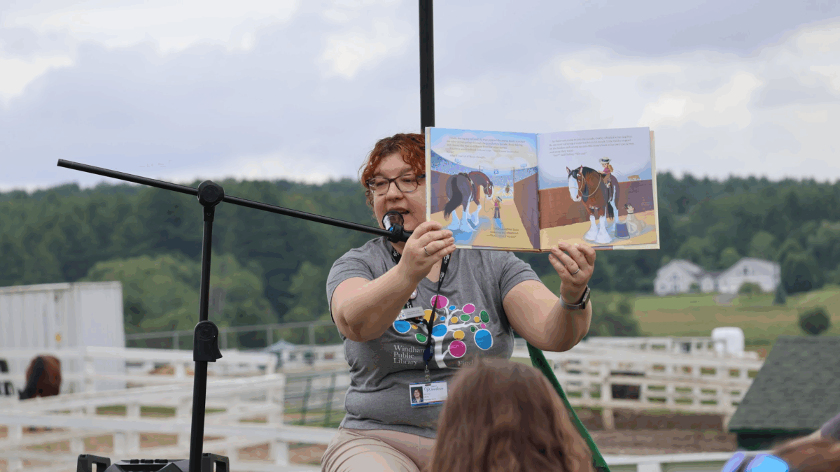 A Windham Public Library librarian reads a horse-themed story during MSSPA's Poly Tales pilot program