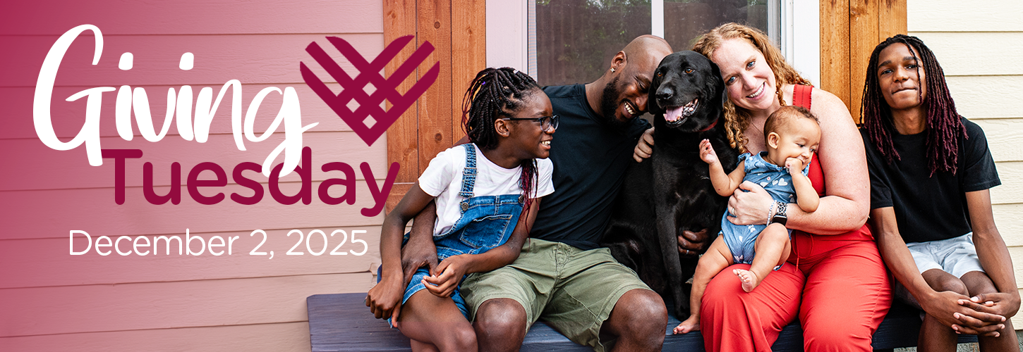 RedRover GivingTuesday homepage banner featuring a family (parents and two children) hugging their dog